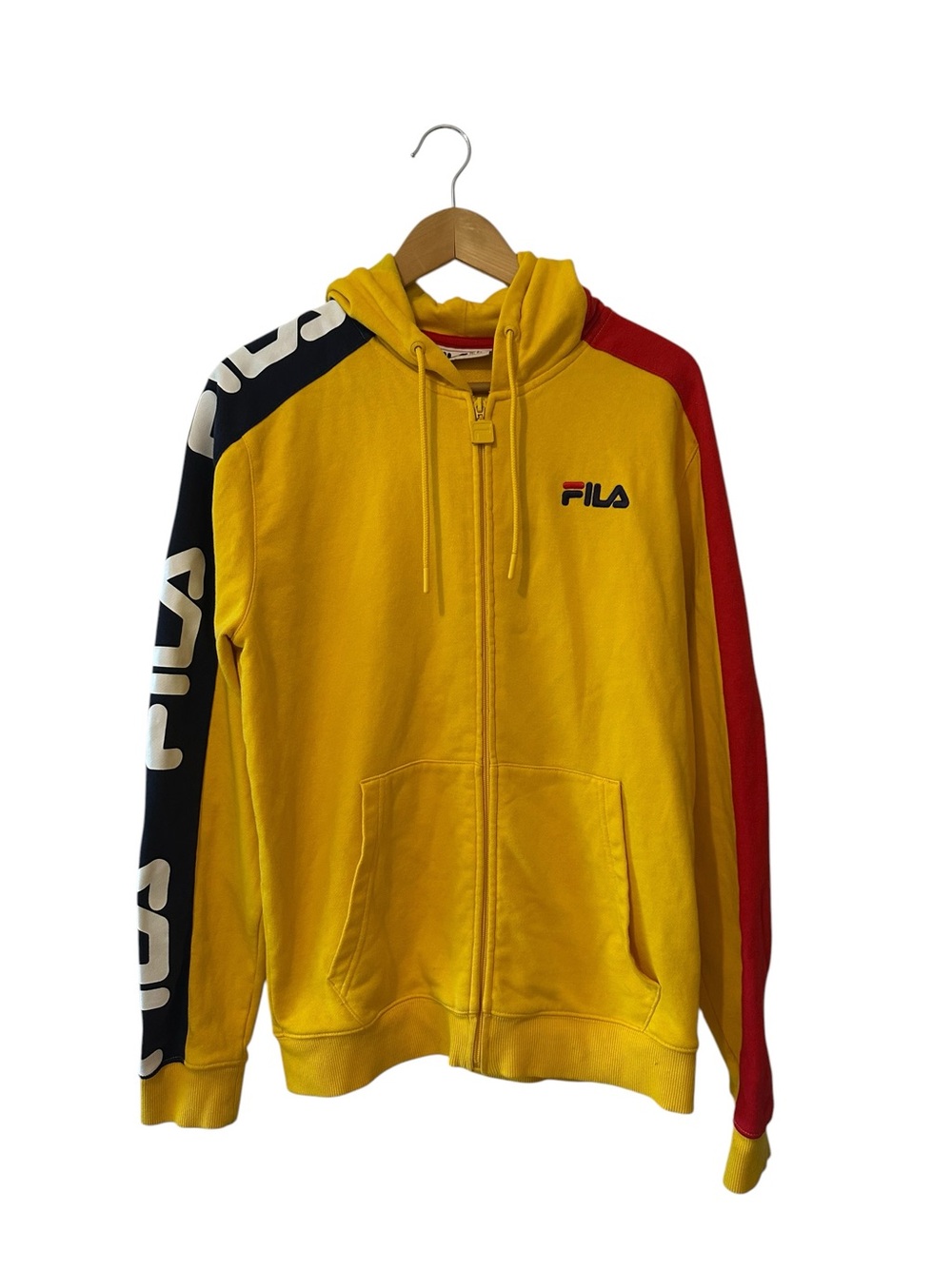 FILA Colorblock Zip Hoodie Mens M Yellow Navy Red Logo Sleeve 90s Streetwear